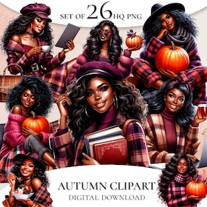 Autumn Black Girl Clipart, Black Girl Fall Routine Clipart, Planner Girl Clipart, Black Women Lady Boss Clipart, Black Woman Clipart