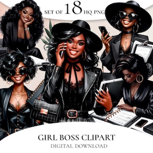 Ensemble de clipart fille élégante patron, femmes noires des cliparts, des cliparts bureau à la mode, autocollants pour agenda numérique, usage Commercial