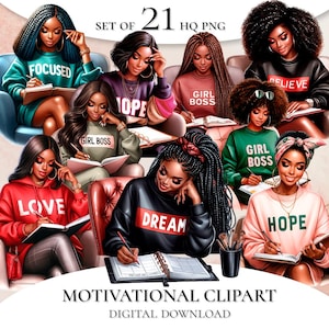 Zwarte vrouw motiverende clipart, sterke Afro-vrouw, motiverende baas Babe PNG, zwarte vrouw clipart, Girl Power Сlipart, planner clipart