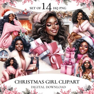 Pink Christmas Girl clipart, Christmas Cozy Clipart, Watercolor Christmas Clipart, Black Woman Clipart, Holiday Clipart, Christmas PNG
