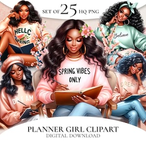 Printemps fille noire des cliparts, des cliparts femme noire, des cliparts fille planificateur, motivation fille, patron fille noire
