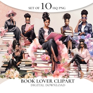 Book Lover Clipart, Books Clipart, Afro girl clipart, Watercolor Clipart, Pretty Girl Clipart, Girl Reading Clipart