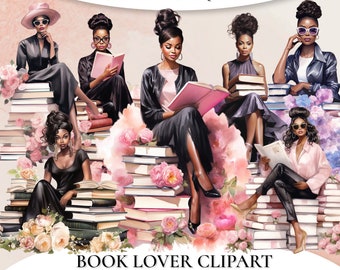 Book Lover Clipart, Books Clipart, Afro girl clipart, Watercolor Clipart, Pretty Girl Clipart, Girl Reading Clipart