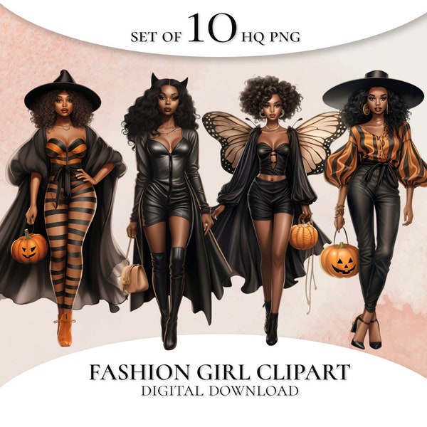 Black girl Halloween Girls Fashion Clipart, Witch Black Woman Clipart, Halloween Witch Spooky, Afro American Woman PNG, Fashion Illustration