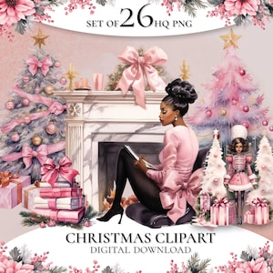Clipart di Natale rosa, Clipart di ragazze di Natale, Clipart di Natale ad acquerello, Clipart di ragazza nera, Clipart di festa, PNG di Natale