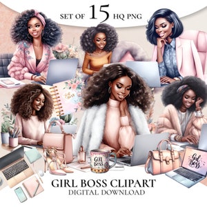 Lady Boss with Laptop, Black Women Lady Boss Clipart, Girl Boss Clipart, Fashion Girl Clipart, Lady Boss Clipart, Planner Girl Clipart