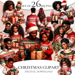 Schwarz Familie Weihnachten Clipart, Familie Urlaub Clipart, Weihnachten Clipart, schwarz Familie Clipart, afroamerikanische Familie, Urlaub Clipart