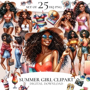 Summer girls clipart, Beach Girls clipart, Swimwear girl clipart, Black Woman Clipart, Summer Clipart, Black Girl Clipart Beach time clipart