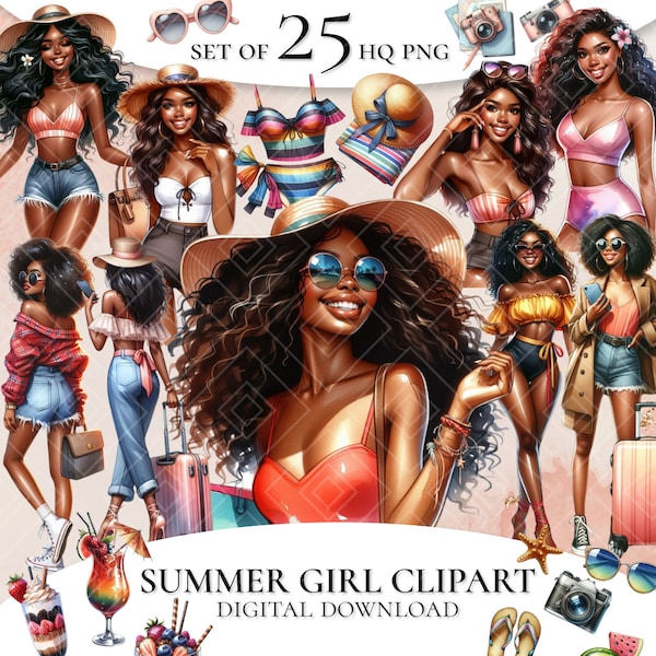 Summer girls clipart, Beach Girls clipart, Swimwear girl clipart, Black Woman Clipart, Summer Clipart, Black Girl Clipart Beach time clipart