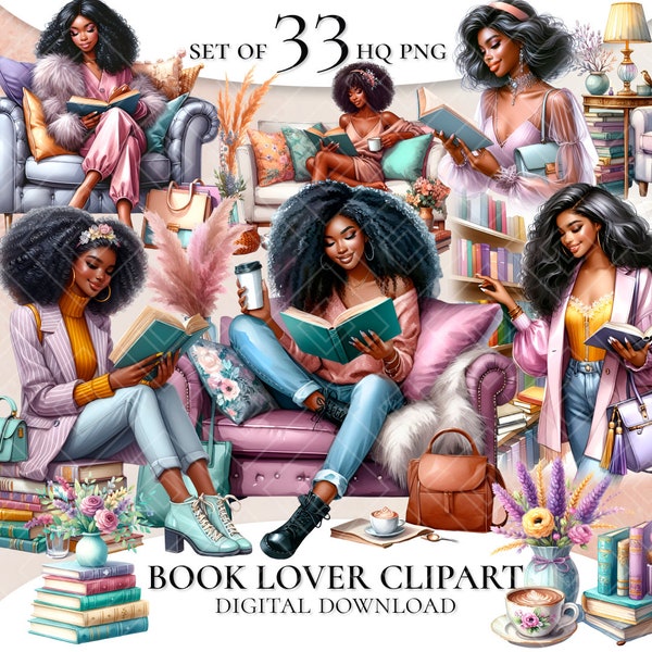 Book Lover Clipart, Watercolor Cozy Clipart, Black Woman Clipart, Books Clipart, Coffee Clipart, Lady Boss Clipart