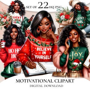 Zwarte vrouw kerst motiverende clipart, sterke Afro-vrouw, kerst motiverende baas Babe PNG, Girl Power clipart, planner Сlipart