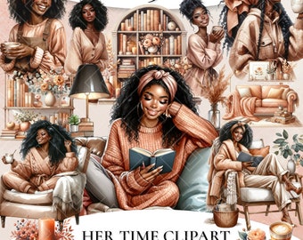 Watercolor Cozy Clipart, Black Woman Clipart, Book Lover Clipart, Coffee Clipart, Self Care Clipart, Pretty Girl clipart