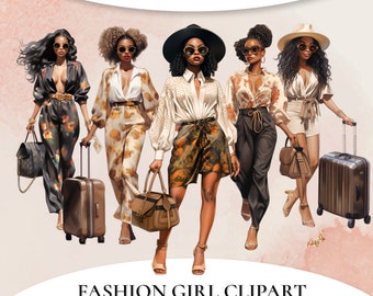 Travel Girl Clipart, Travel ClipArt, Fashion ClipArt, Digital Sticker, Traveling Clipart, Digital Planner Stickers, Black Girl Clipart