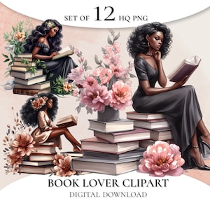 Book Lover Clipart, Books Clipart, Black woman clipart, Watercolor Clipart, Pretty Girl Clipart, Girl Reading Clipart