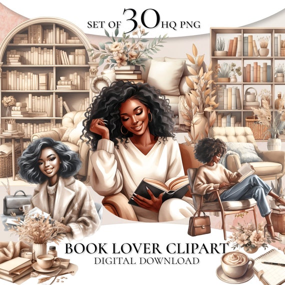 Watercolor Book Lover Clipart: Black Woman Reading (Digital Download)