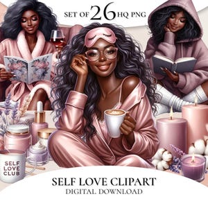 Clipart Self Love, Clipart Black Woman, Self Care PNG, Dziewczyna z planerem melaniny, Clipart Spa Day, Magia Black Girl, Clipart Black Girl
