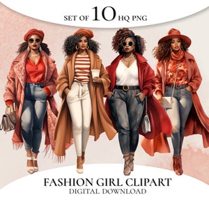Autumn fashion clipart, Black Women Clipart, Curvy Black Women Clipart, PNG for Stickers/Planner/Scrapbook/Paper Crafts/Print