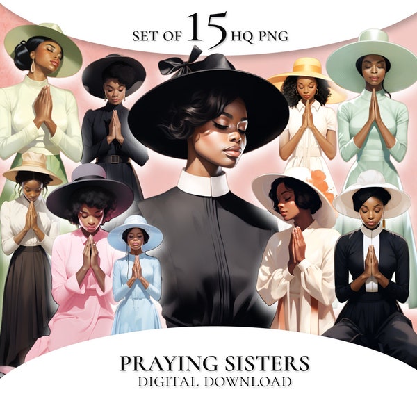 Praying Sisters clipart, Black Women clipart, Women of Color clipart, Church vibes,planner sticker clipart, Church Hat clipart