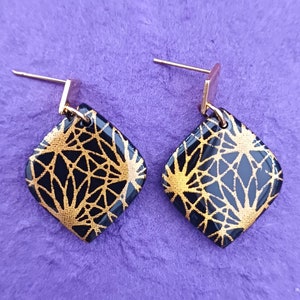 Handmade Polymer Clay Diamond Shaped Dangle Earrings with Studs, Hooks or Clip-ons | Black with a Gold or Silver Design