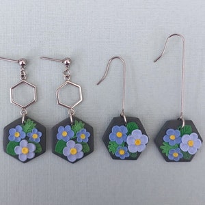 Beautiful Dark Green Hexagon Shaped Dangle Earrings with a Floral Design and Hypoallergenic Surgical Steel Posts, Hooks or Clip-ons