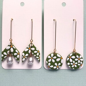 Beautiful Handmade Daisy Earrings, Round or Chevron with Teardrop Pearl Pendant and Hypoallergenic Surgical Steel Hooks or Clip-ons
