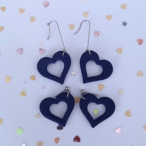 Navy Blue Heart Donut Shaped Dangle Earrings with Stainless Steel Ball Studs, Hooks or Clip-ons