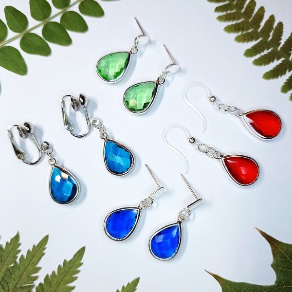 Glass Teardrop Dangle Earrings with Plastic Hooks, Hypoallergenic Studs with Surgical Stainless Steel Posts or Clip-Ons in Red, Blue / Green