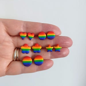 Handmade Polymer Clay Stud Earrings with Hypoallergenic Surgical Steel or Plastic Posts - Choose: Rainbow Stars, Circles, Flowers or Hearts