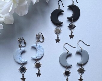 Handmade Moon Earrings with Sun & Star, Hypoallergenic Surgical Stainless Steel / Plastic Hooks / Clip-Ons | Blue, Black / Grey Polymer Clay