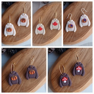 Handmade Polymer Clay Woolly Jumper Earrings + Hypoallergenic Stainless Steel Hoops, Plastic Hooks or Clip-ons + Pumpkins Leaves Toadstools