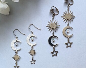 Sun, Moon & Star Earrings with Hypoallergenic Surgical Stainless Steel or Plastic Hooks / Clip-ons | Choice of Fitting | 2 Celestial Designs