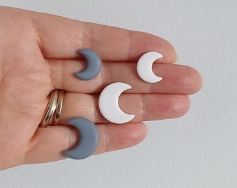 Handmade Moon Shaped Stud Earrings in White or Grey with Hypoallergenic Plastic or Surgical Stainless Steel Posts | 2 Sizes | Metal Free