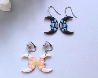 Handmade Moon Earrings with Flower Design, Hypoallergenic Surgical Stainless Steel / Plastic Hooks / Clip-Ons | Black / White Polymer Clay