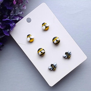 Cute Little Bumble Bee Stud Earrings with Hypoallergenic Plastic or Stainless Steel Posts | Black & Yellow Striped Buzzy Honey Bees 3 Styles