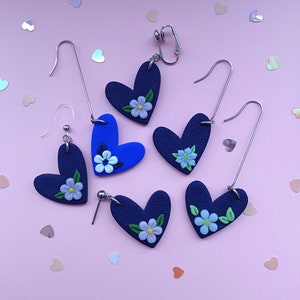 Blue Heart Earrings with Flowers available with Studs, Hooks or Clip-ons