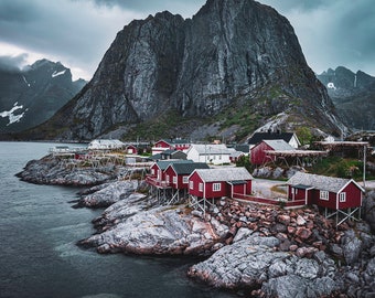 A picturesque view of hamnøy village in the Lofoten Islands. Red houses, rocky coastline. Photo paper poster