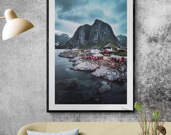 A picturesque view of hamnøy village in the Lofoten Islands. Red houses, rocky coastline. Digital file