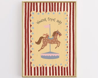 Circus Carousel Horse Nursery Print, Vintage Whimsical Wall Art (Digital Download)