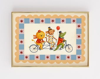 Circus Animals Tandem Bike Print, Vintage Lion Monkey Crocodile Poster (Digital Download)
