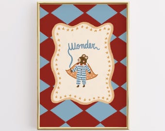Circus Bear Nursery Print, Vintage Harlequin Kids Wall Art (Digital Download)