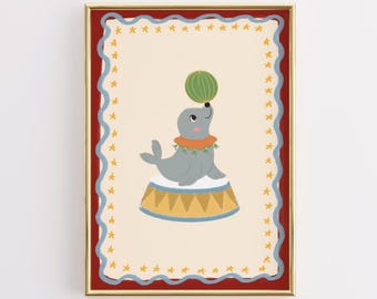 Circus Seal Nursery Print, Whimsical Animal Wall Art (Digital Download)