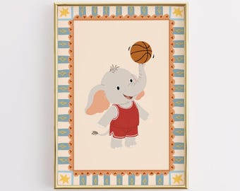 Elephant Basketball Nursery Art, Whimsical Sports Animal Print (Digital Download)