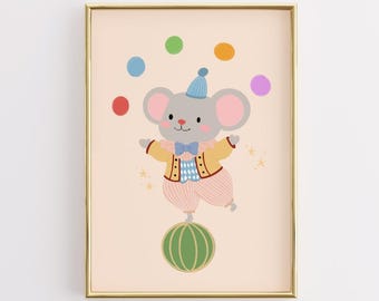 Circus Mouse Nursery Print, Whimsical Animal Wall Art (Digital Download)