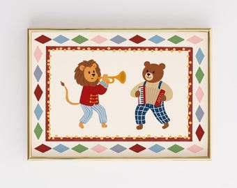 Circus Band Nursery Print, Lion Bear Music Wall Art, Retro Kids Decor (Digital Download)