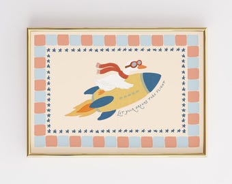Space Nursery Print, Goose Rocket Wall Art, Let Dreams Take Flight Poster (Digital Download)