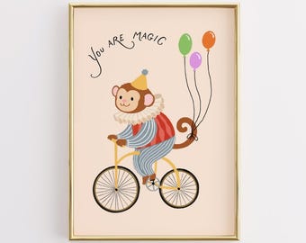 Circus Monkey Nursery Print, Whimsical Animal Wall Art (Digital Download)