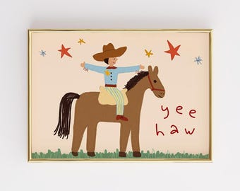 Yee Haw Cowboy Nursery Print, Western Kids Wall Art, Boy Room Decor, Horse Riding Illustration, Retro Country Baby Poster