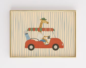 Barnrumstavla med giraff som kör bil, retro djurväggkonst, lekfull barnrumsaffisch, vintage babydekor, nyckfull safariillustration