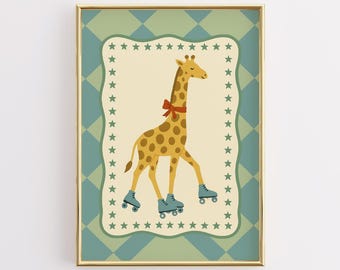 Giraffe Roller Skates Nursery Print, Safari Animal Art (Digital Download)