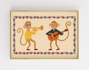 Monkey Band Nursery Print, Musical Animal Wall Art, Vintage Kids Room Poster, Playroom Decor, Whimsical Baby Illustration